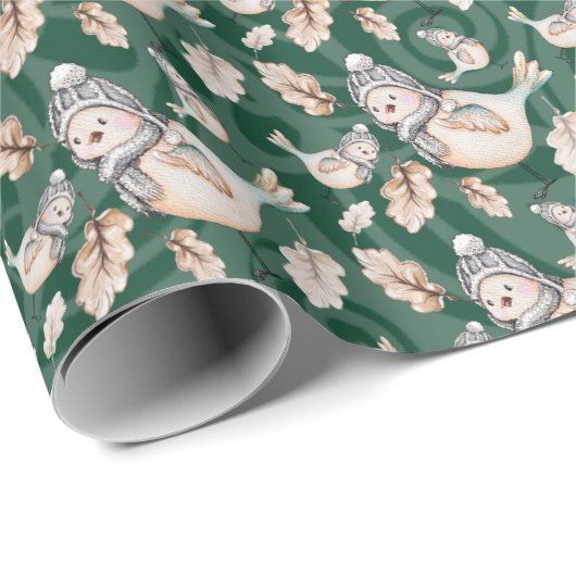 緑のかわいいスズメの水彩手色彩の鮮やか ラッピングペーパー (ロールコーナー)