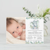 緑のかわいいゾウのバプテスマ《キリスト教》洗礼式や命名式写真 招待状 (スタンド正面)