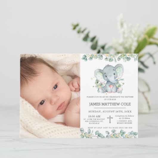 緑のかわいいゾウのバプテスマ《キリスト教》洗礼式や命名式写真 招待状 (スタンド正面)