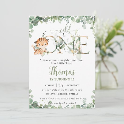 緑のかわいいタイガーカッブボーイ1st誕生日ワイルドワン 招待状 (スタンド正面)