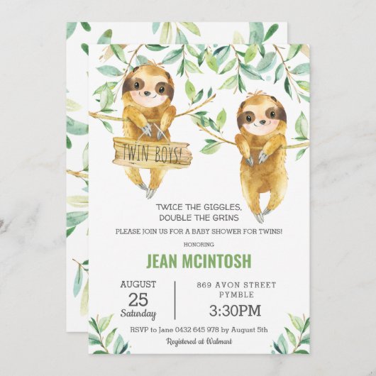 緑のかわいいナマケモノの赤ちゃんシャワーツイン男の子ツイン 招待状 (正面/裏面)