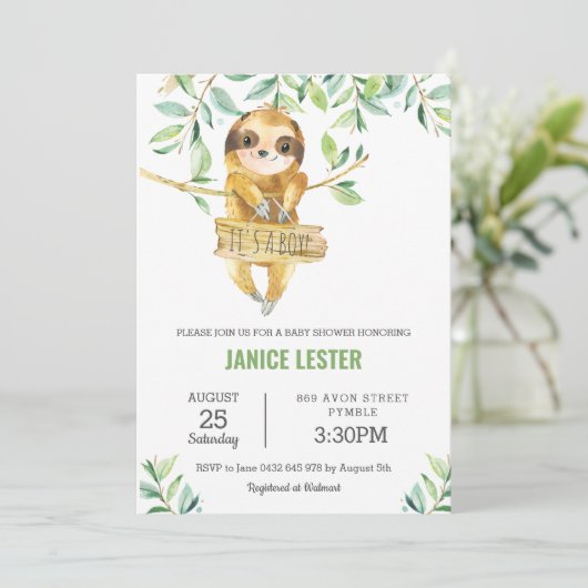 緑のかわいいナマケモノの赤ちゃんシャワー少年 招待状 (スタンド正面)