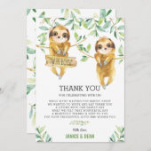 緑のかわいいナマケモノ赤ちゃんシャワーツイン男の子 サンキューカード (正面/裏面)
