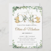 緑のかわいいライオンかわいい子双子ガールズ1歳の誕生日 招待状 (正面)