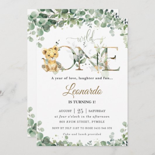 緑のかわいいライオンかわいい男の子1st誕生日ワイルドワン 招待状 (正面/裏面)
