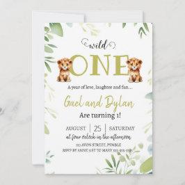 緑のかわいいライオンの子ツインズボーイズ1歳 招待状