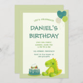 緑のかわいい恐竜の誕生日パーティーの招待状 招待状 (正面/裏面)