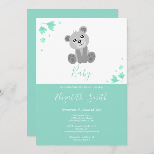 緑のかわいい手描きクマベビーバビシャワー 招待状 (正面/裏面)