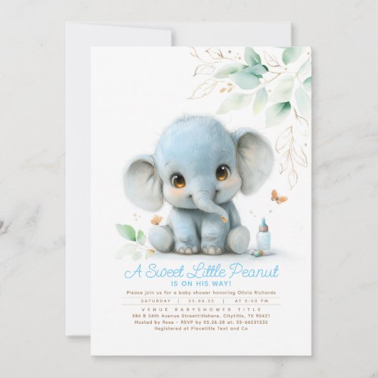 緑のかわいい象の男の子の赤ちゃんシャワー 招待状 (正面)