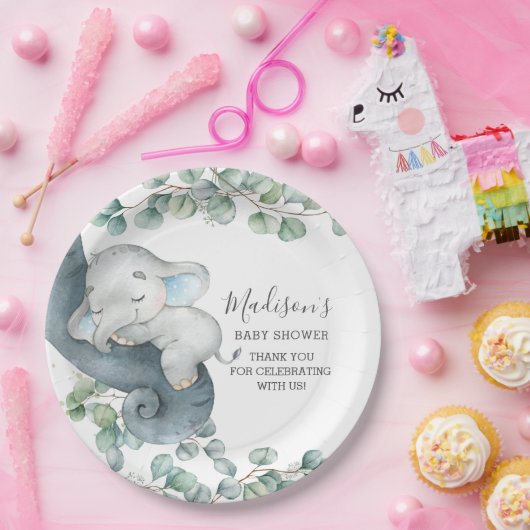 緑のかわいい象の男の子ベイビーシャワー誕生日 ペーパープレート (パーティー)