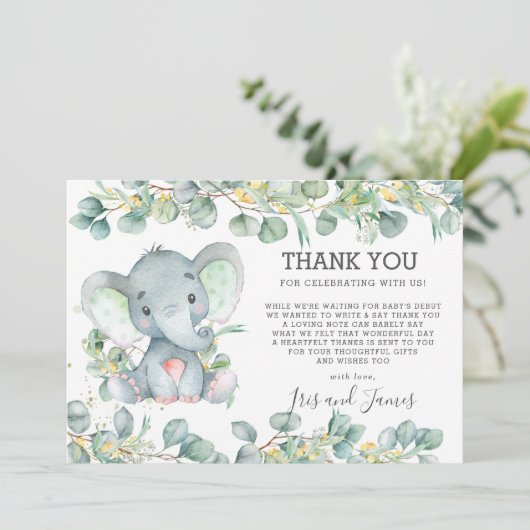 緑のかわいい象の赤ちゃんシャワー男女兼用 サンキューカード (スタンド正面)