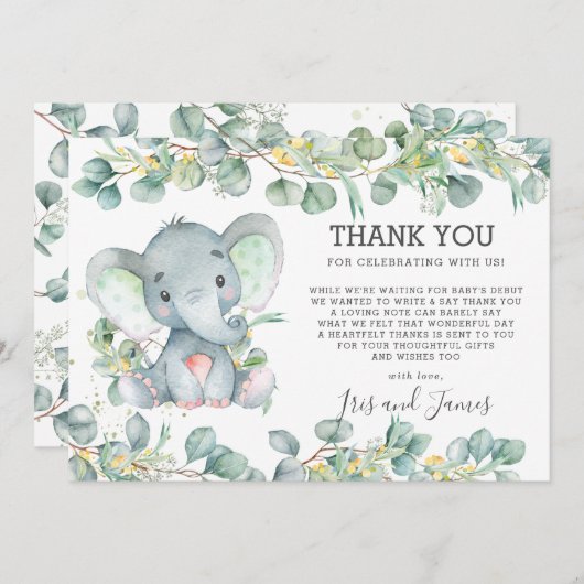 緑のかわいい象の赤ちゃんシャワー男女兼用 サンキューカード (正面/裏面)