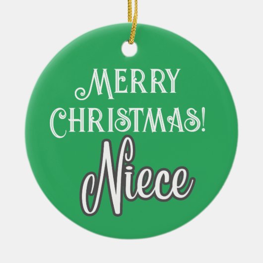 緑のかわいらしスクリプトメリークリスマス姪 セラミックオーナメント (正面)