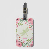 緑のかわいらしトンボのピンク色の花 ラゲッジタグ (正面縦)