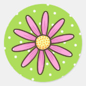 緑のかわいらし水玉模様の背景にピンクの花 ラウンドシール (正面)