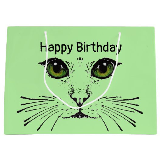 緑のかわいらし目のロングウィスカー付き猫顔 ラージペーパーバッグ (正面)