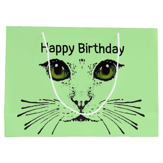 緑のかわいらし目のロングウィスカー付き猫顔 ラージペーパーバッグ (裏面)