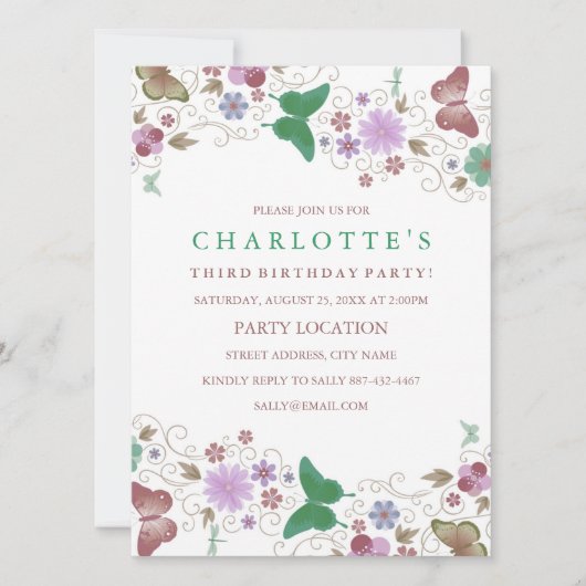 緑のかわいらし蝶 | 誕生日招待状 招待状 (正面)