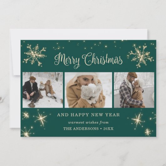 緑のきらめく雪片フォトクリスマスカード シーズンカード (正面)