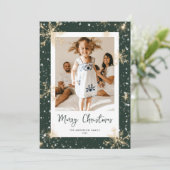 緑のきらめく雪片フォトクリスマスカード シーズンカード (スタンド正面)