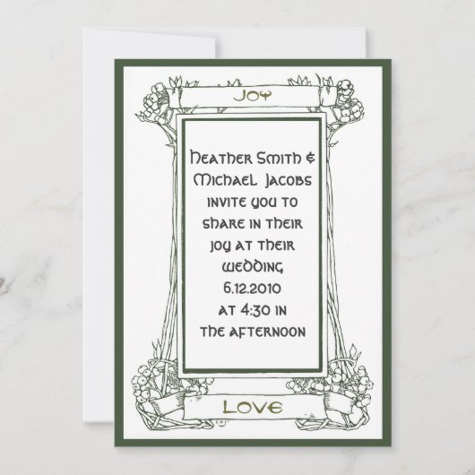 緑のつる植物そして果実が付いているアールヌーボーフレーム 招待状 (正面)