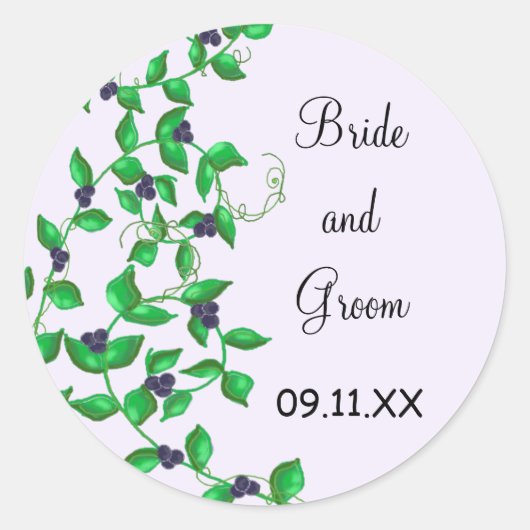 緑のつる植物とネイビーブルーベリー日付を保存 ラウンドシール (正面)