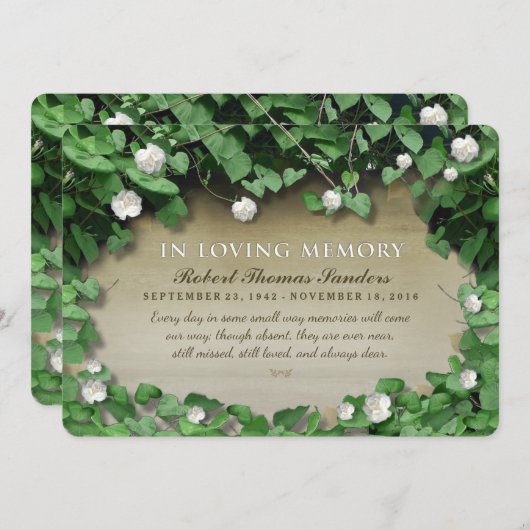 緑のつる植物の白い花の告別式の招待 招待状 (正面/裏面)