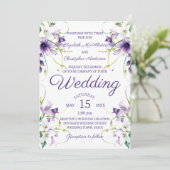 緑のつる植物の紫と白のユリ結婚 招待状 (スタンド正面)