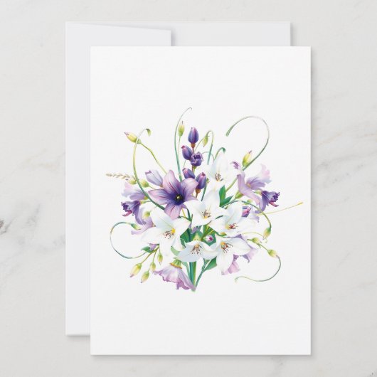 緑のつる植物の紫と白のユリ結婚 招待状 (裏面)