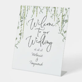 緑のつる植物結婚が我々を歓迎結婚する 台座サイン