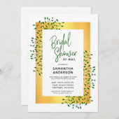 緑のつる植物金ゴールドスクリプトブライダルシャワー 招待状 (正面/裏面)
