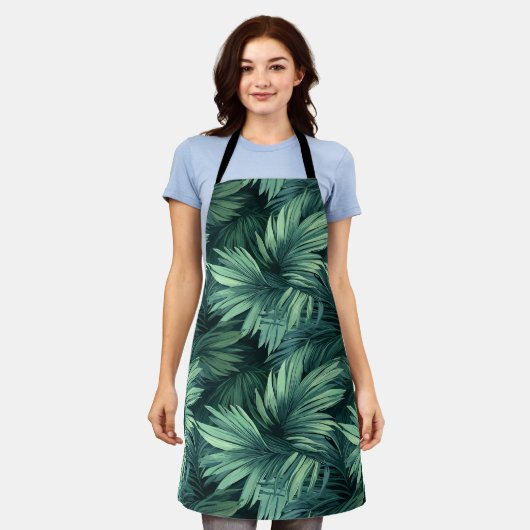 緑のはっきりしたジャングルのトロピカルパーム エプロン (着用した状態)