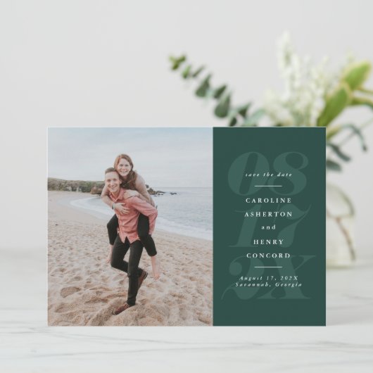 緑のはっきりしたタイポグラフィエレガント写真の日付を保存 セーブザデート (スタンド正面)