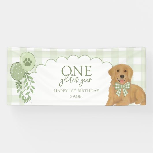 緑のひとつゴールデンユニコーンレトリバーの子犬の1歳の誕生日 横断幕 (横)