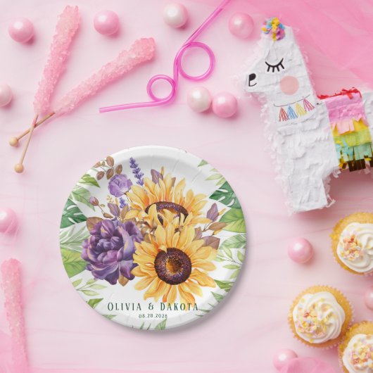 緑のひまわりと紫のフローラ結婚ズ ペーパープレート (パーティー)