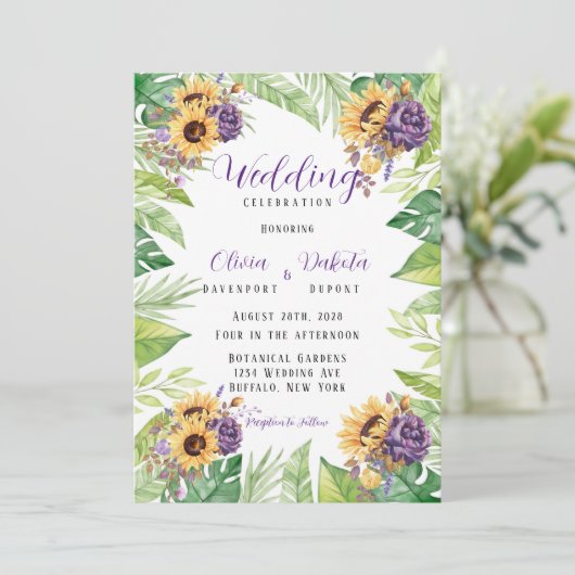 緑のひまわりと紫の花模様の結婚Inv 招待状 (スタンド正面)
