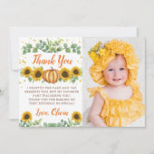 緑のひまわりカボチャ最初の誕生日写真 サンキューカード (正面)