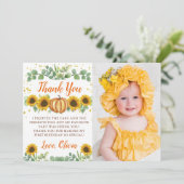 緑のひまわりカボチャ最初の誕生日写真 サンキューカード (スタンド正面)