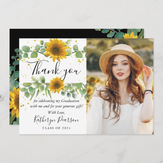 緑のひまわり卒業写真サンキューカード サンキューカード (正面/裏面)
