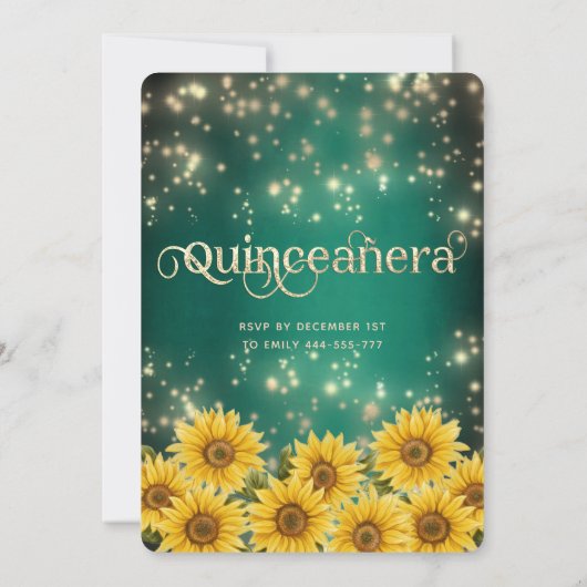 緑のひまわり文字列ライト金ゴールドキラキラ 招待状 (裏面)
