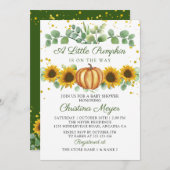 緑のひまわり秋かぼちゃ赤ちゃんシャワー 招待状 (正面/裏面)