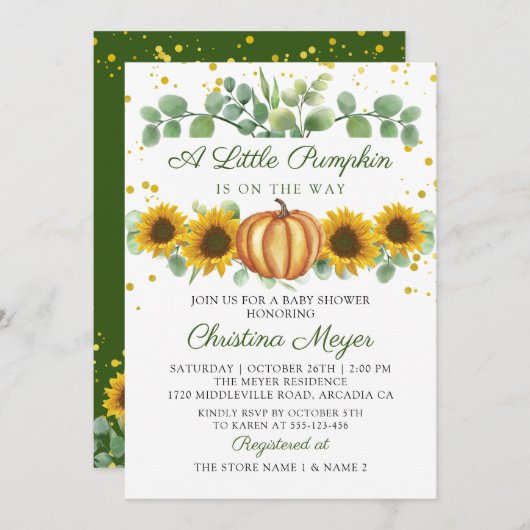 緑のひまわり秋かぼちゃ赤ちゃんシャワー 招待状 (正面/裏面)