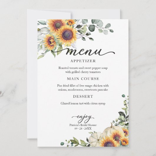 緑のひまわり秋ブライダルシャワーメニュー 招待状 (正面)