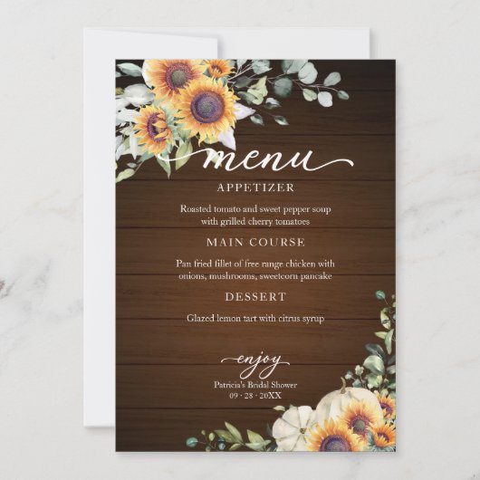 緑のひまわり秋ブライダルシャワーメニュー 招待状 (正面)