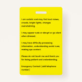 緑のひまわり自閉症アラートの写真IDとニーズ バッジ (裏面)