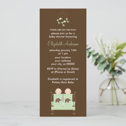 緑のまぐさ桶のベビーシャワーの双生児 招待状 (スタンド正面)