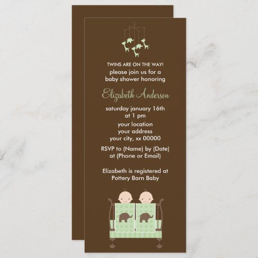 緑のまぐさ桶のベビーシャワーの双生児 招待状 (正面/裏面)