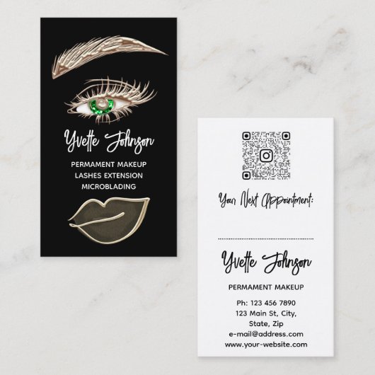 緑のまつ毛メイクアップロゴQRCode金ゴールドブラック 名刺 (正面/裏面)