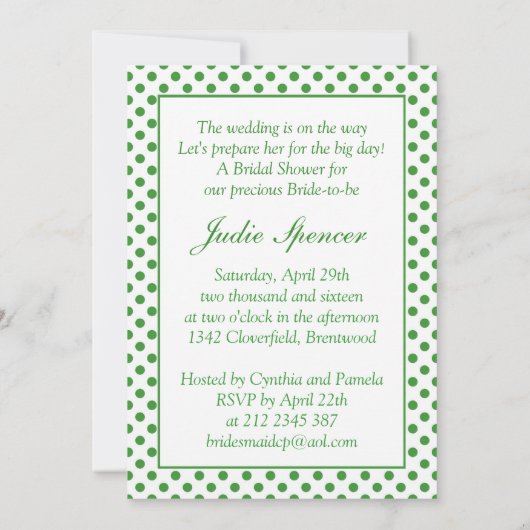 緑のりんごの白い水玉模様のブライダルシャワーの招待 招待状 (裏面)