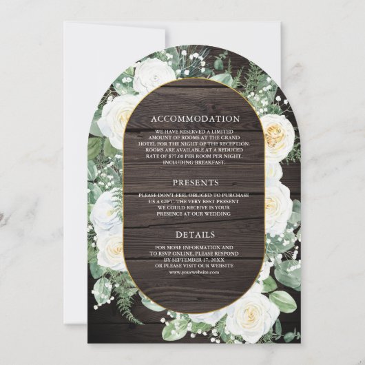 緑のアイボリーフローラオールインワンウッドアーチ結婚ズ 招待状 (裏面)